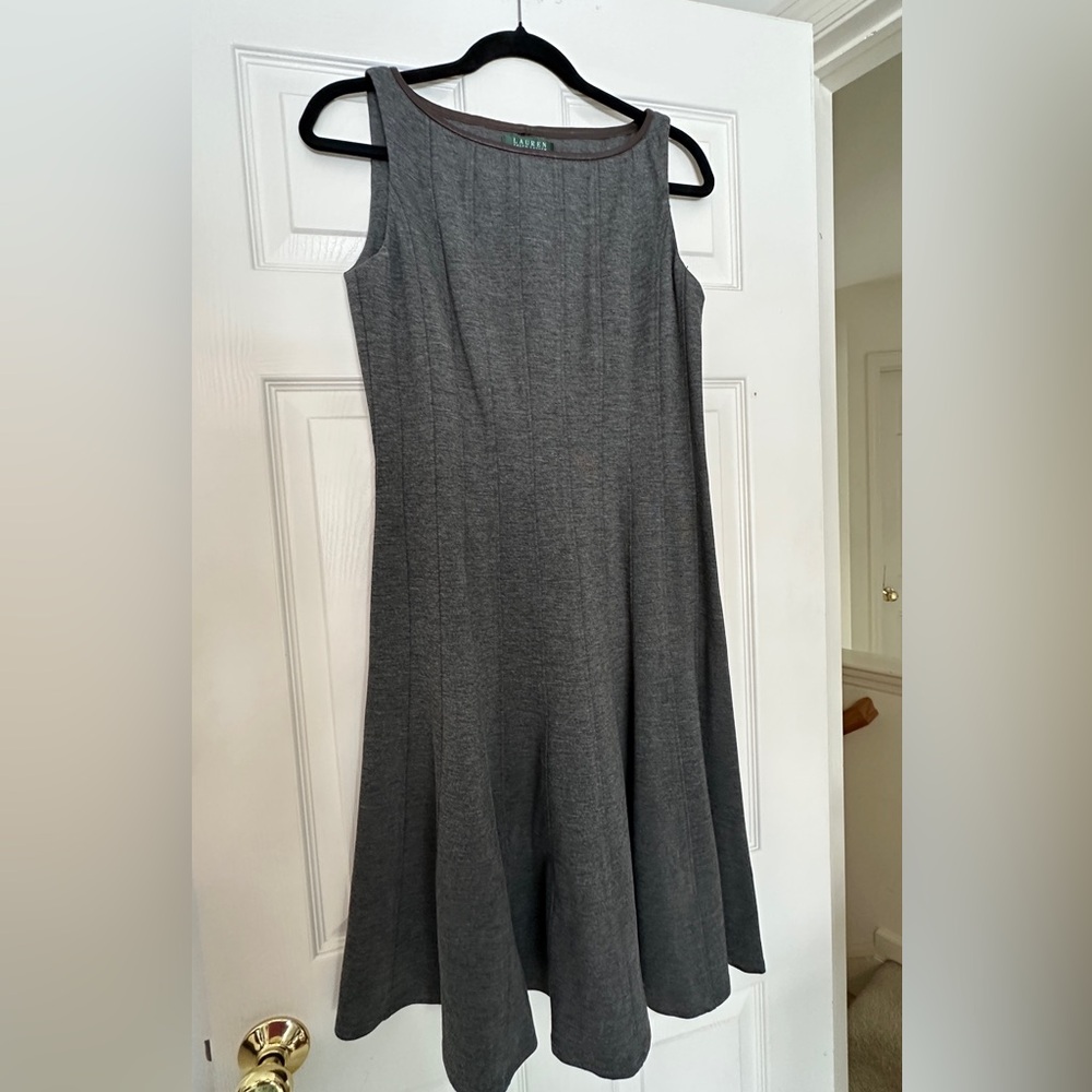 Ralph Lauren Green Label Fitted, Ribbed Charcoal Midi Dress w/ Leather trim sz 6